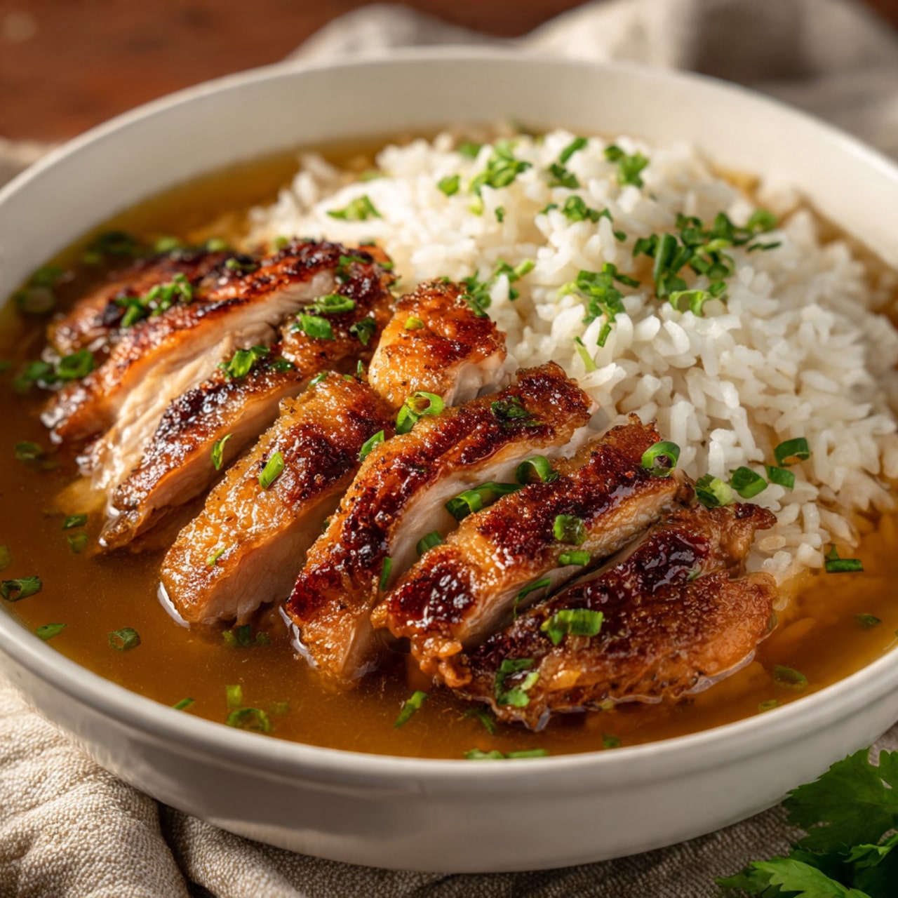 Caramelized Soy Chicken in Garlic Ginger Broth with Rice