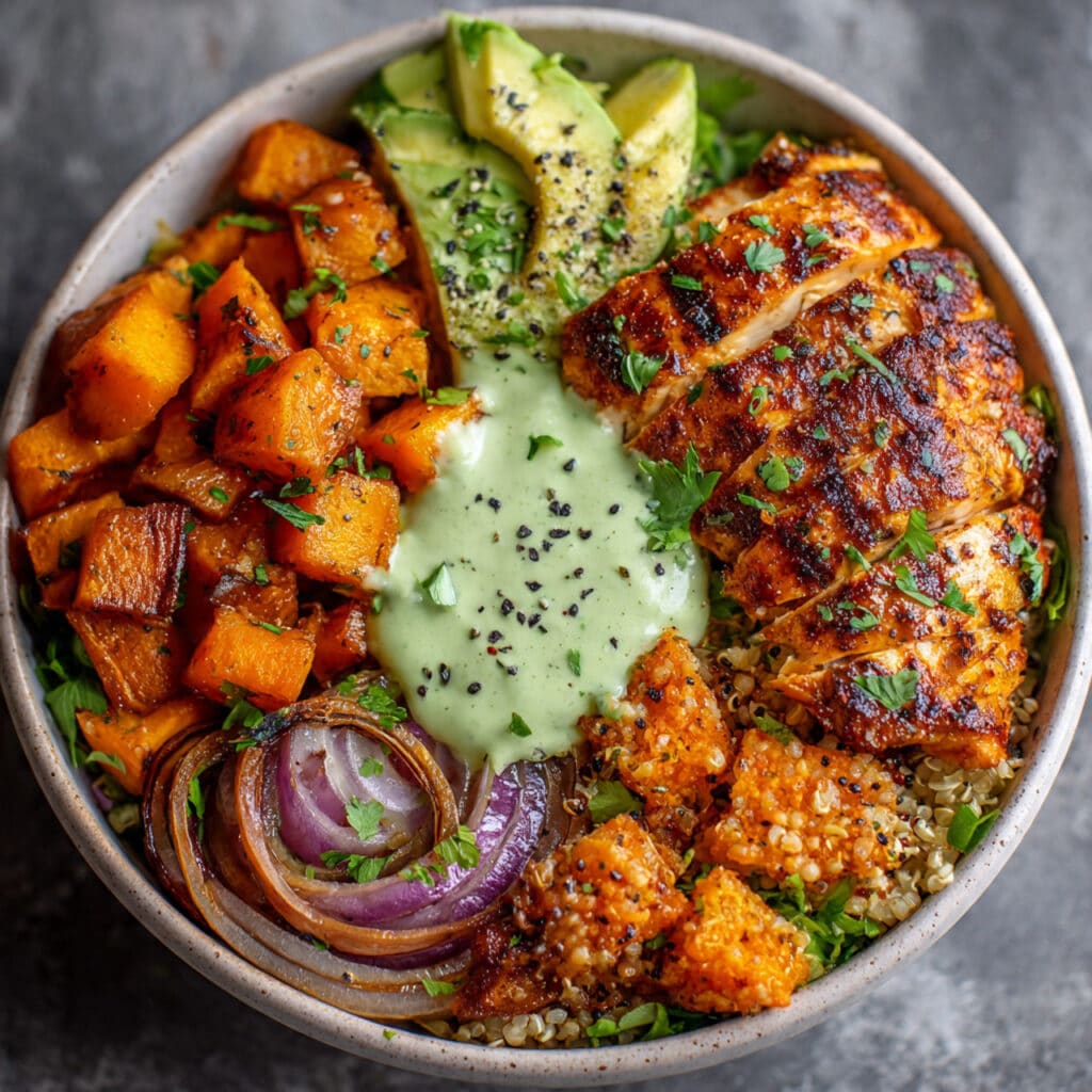 Grilled Chicken & Sweet Potato Bowl with Avocado Sauce