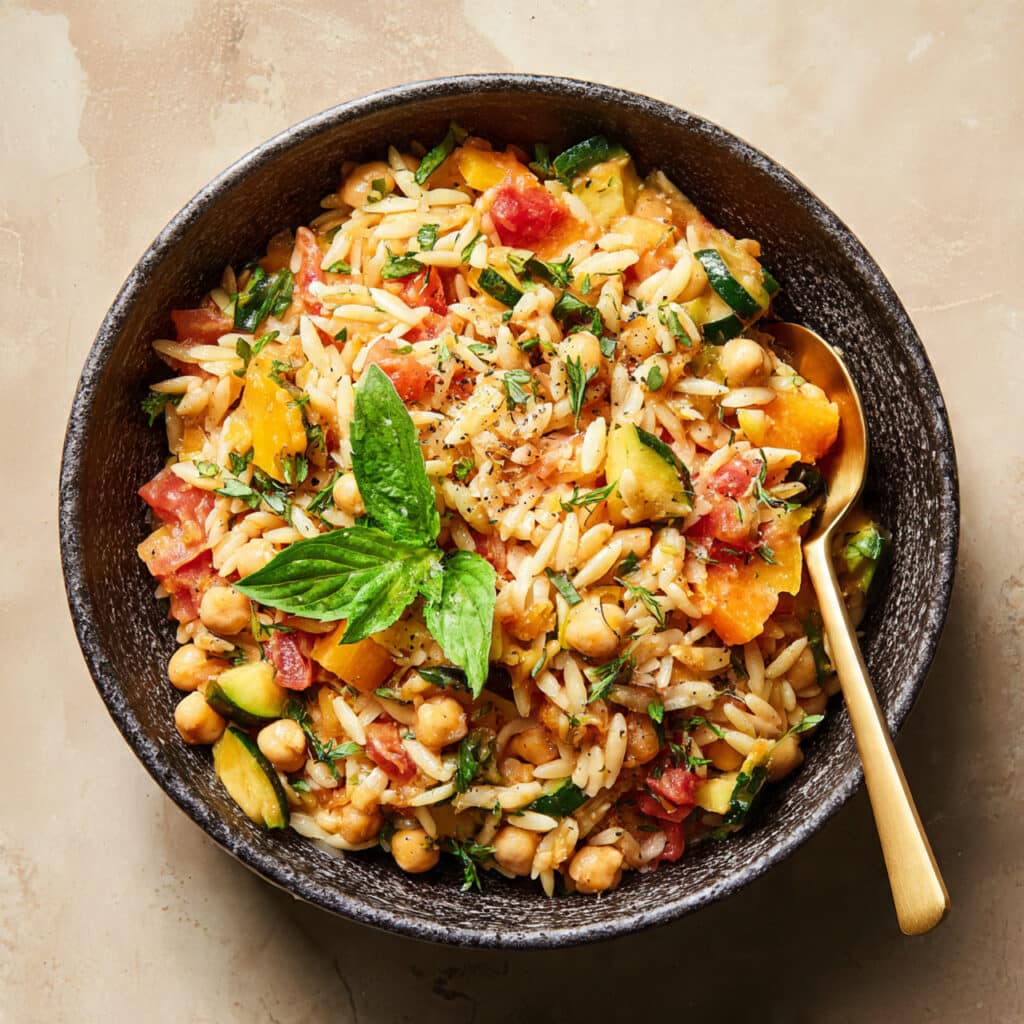 One Pot Fall Vegetable Orzo and Chickpeas