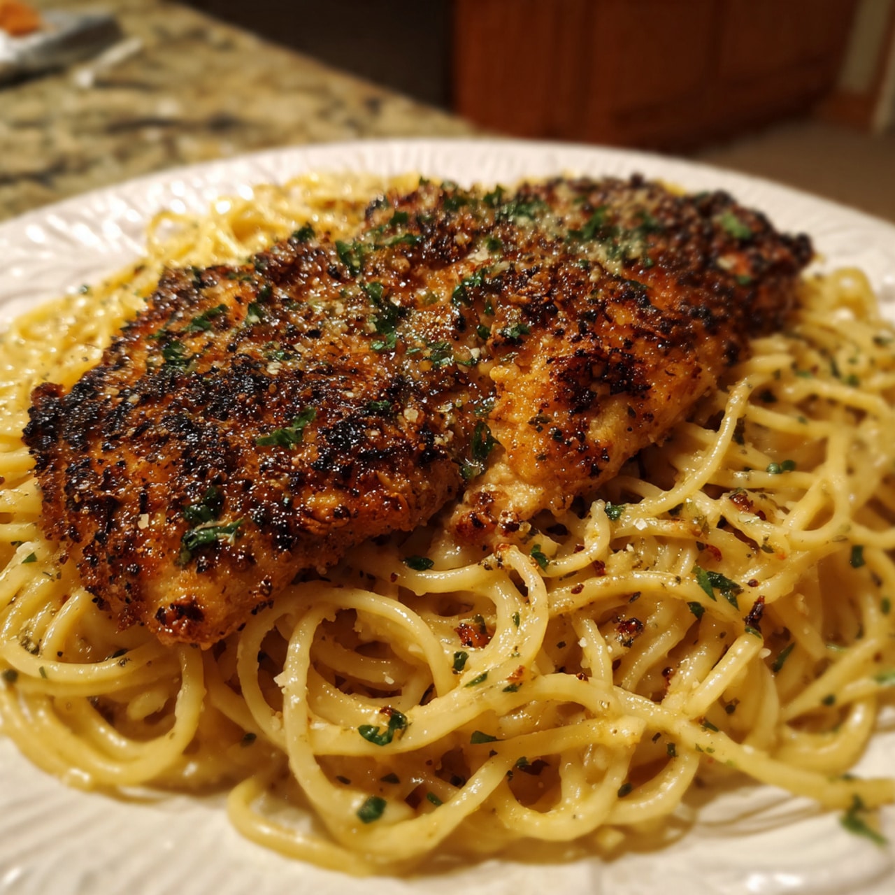 Blackened Chicken with Creamy Garlic Parmesan Pasta