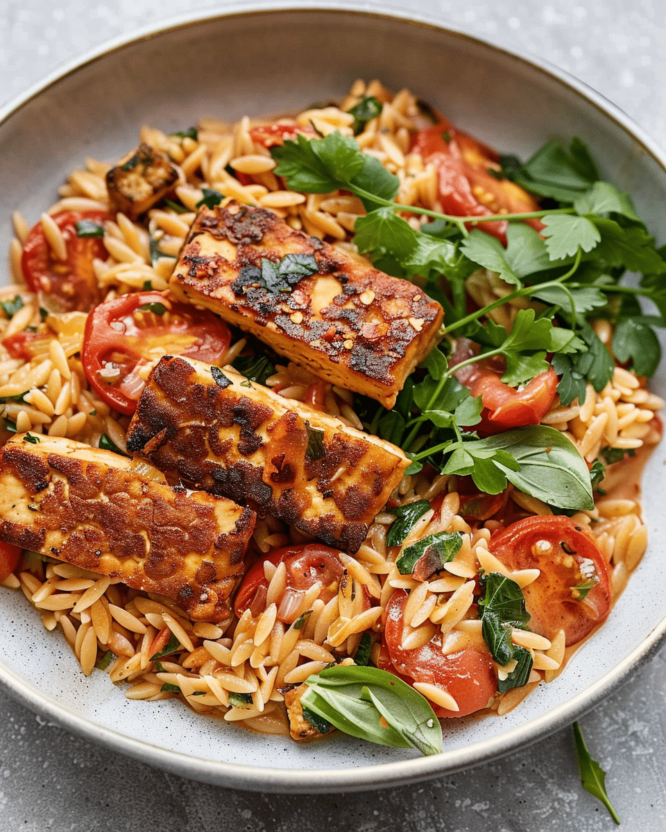 Creamy Tomato Orzo with Crispy Tofu Cutlets