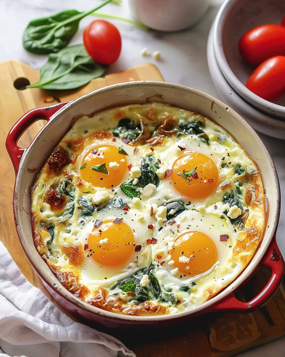 Mediterranean Baked Feta Eggs With Spinach