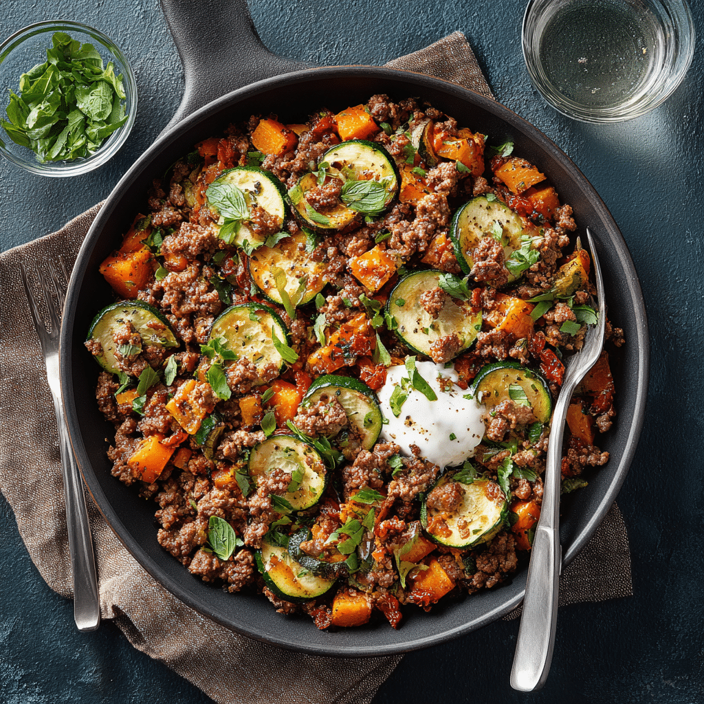 Ground Beef Zucchini Sweet Potato Skillet