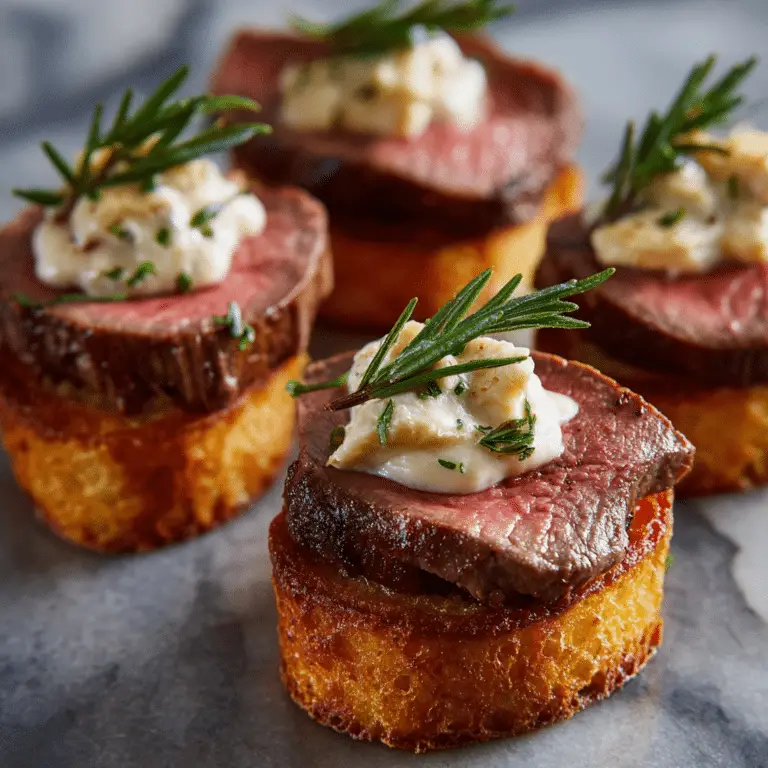 Beef Tenderloin Crostini with Parmesan Cream Sauce