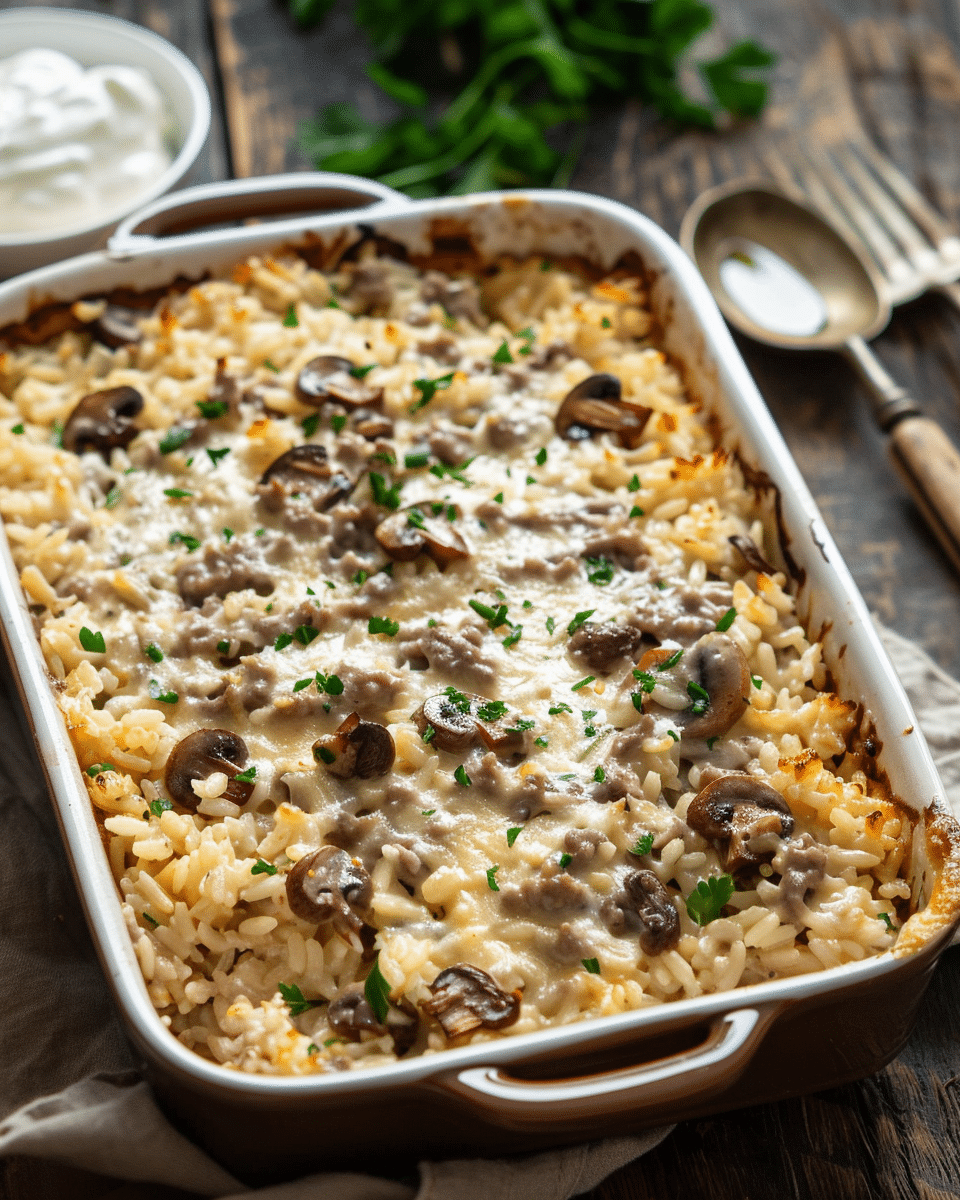Creamy Beef Mushroom Rice Bake