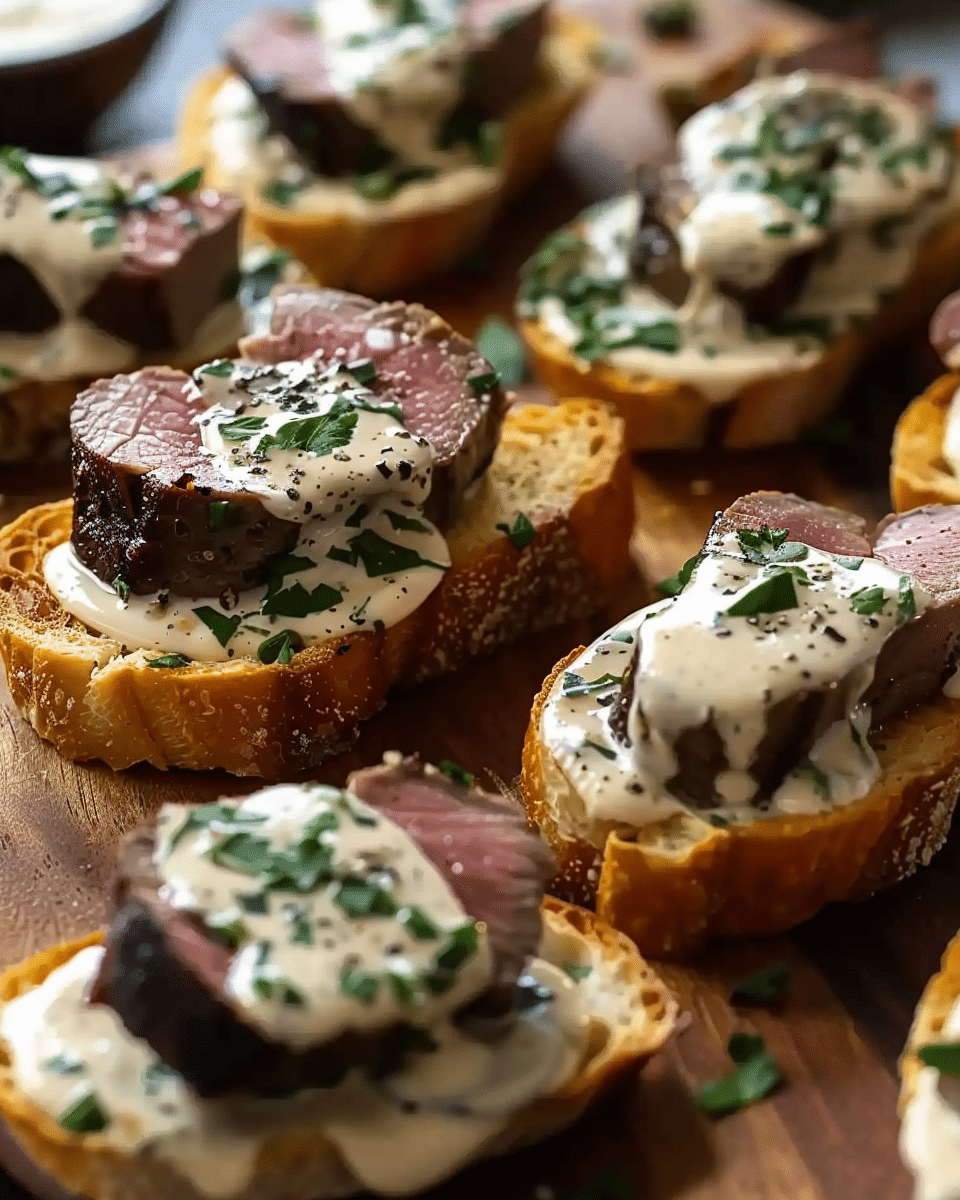 Beef Tenderloin Crostini with Parmesan Cream Sauce