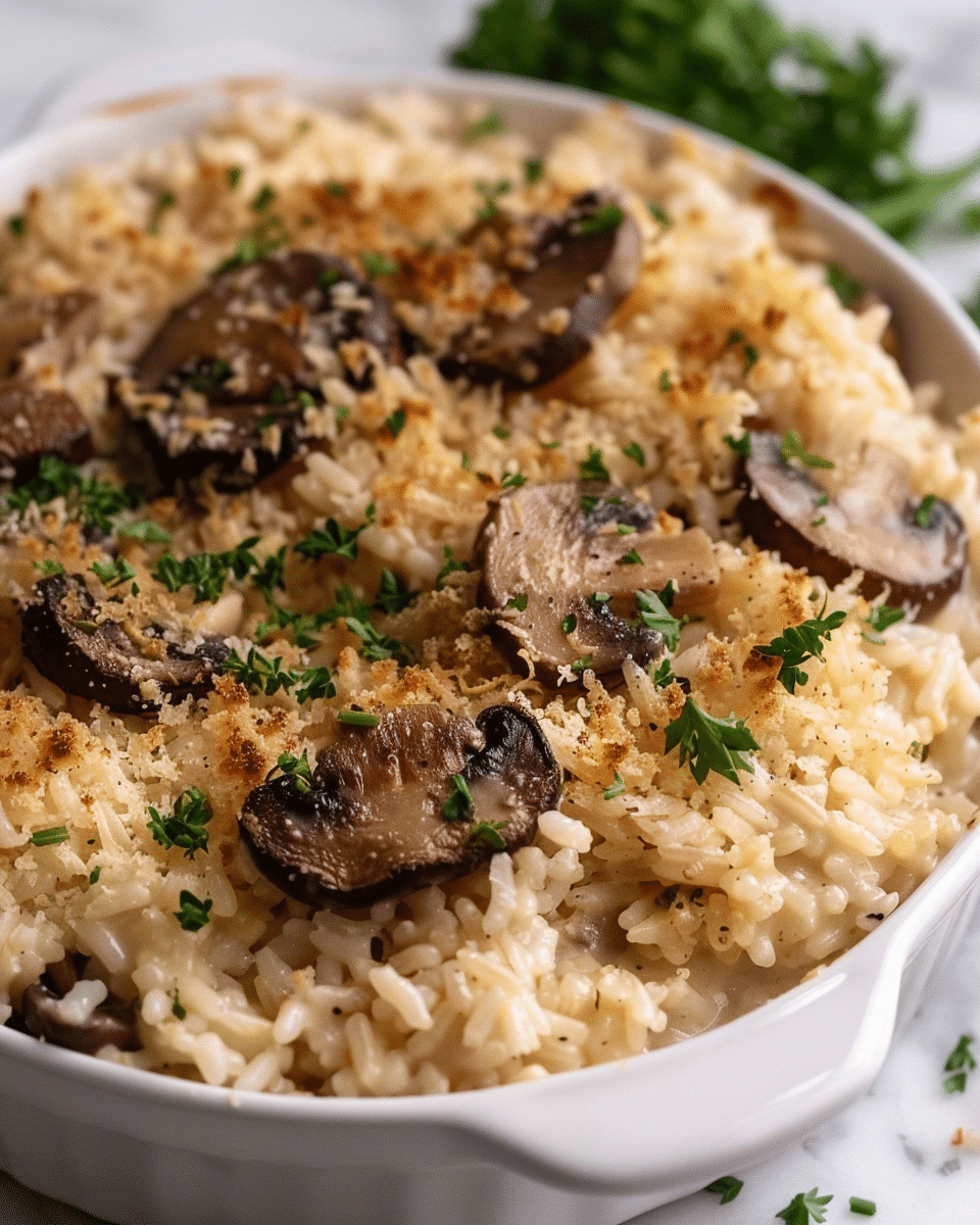 Creamy Beef Mushroom Rice Bake
