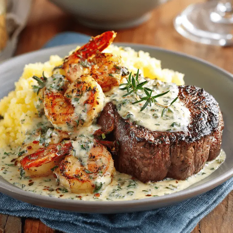 Filet Mignon with Shrimp & Creamy Garlic Herb Sauce
