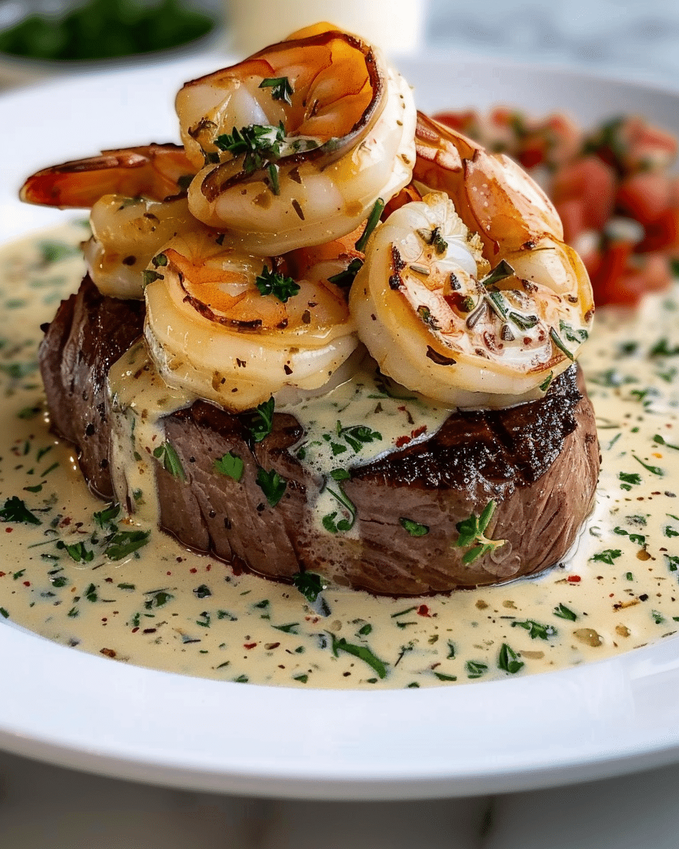 Filet Mignon with Shrimp & Creamy Garlic Herb Sauce