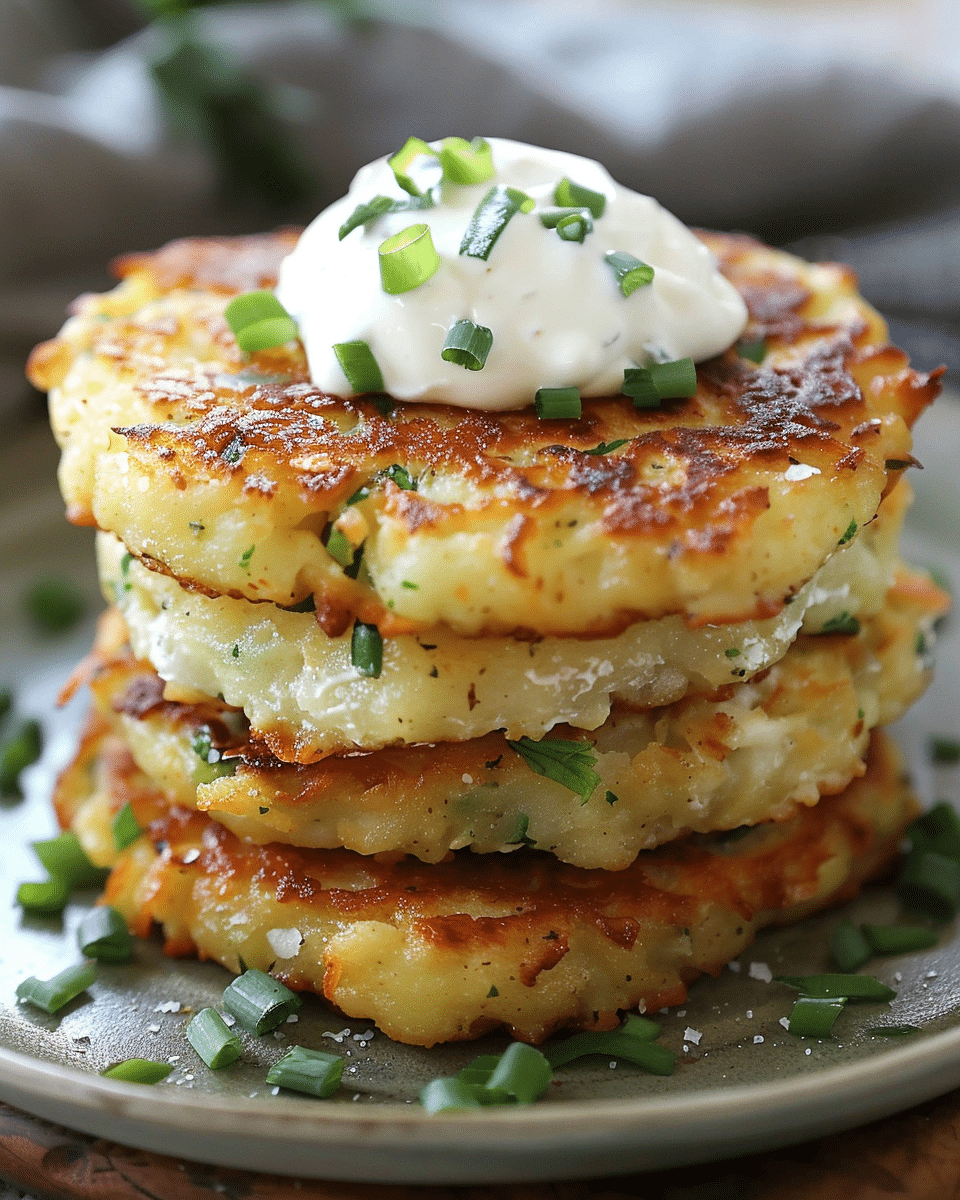 Green Chile Cheese Potato Cakes with Green Chile Sour Cream