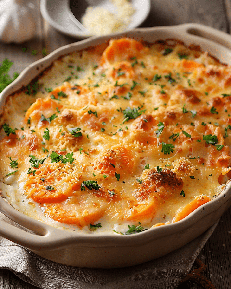 Cheesy Garlic Carrot Gratin – Creamy, Sweet & Savory