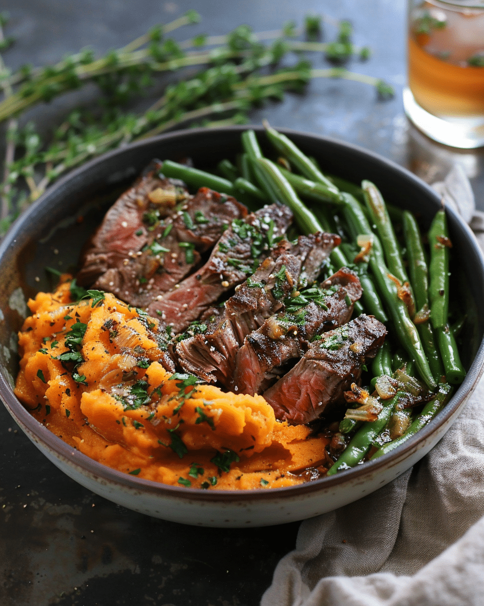 Steak Bowl With Sweet Potato Mash & Garlic Green Beans