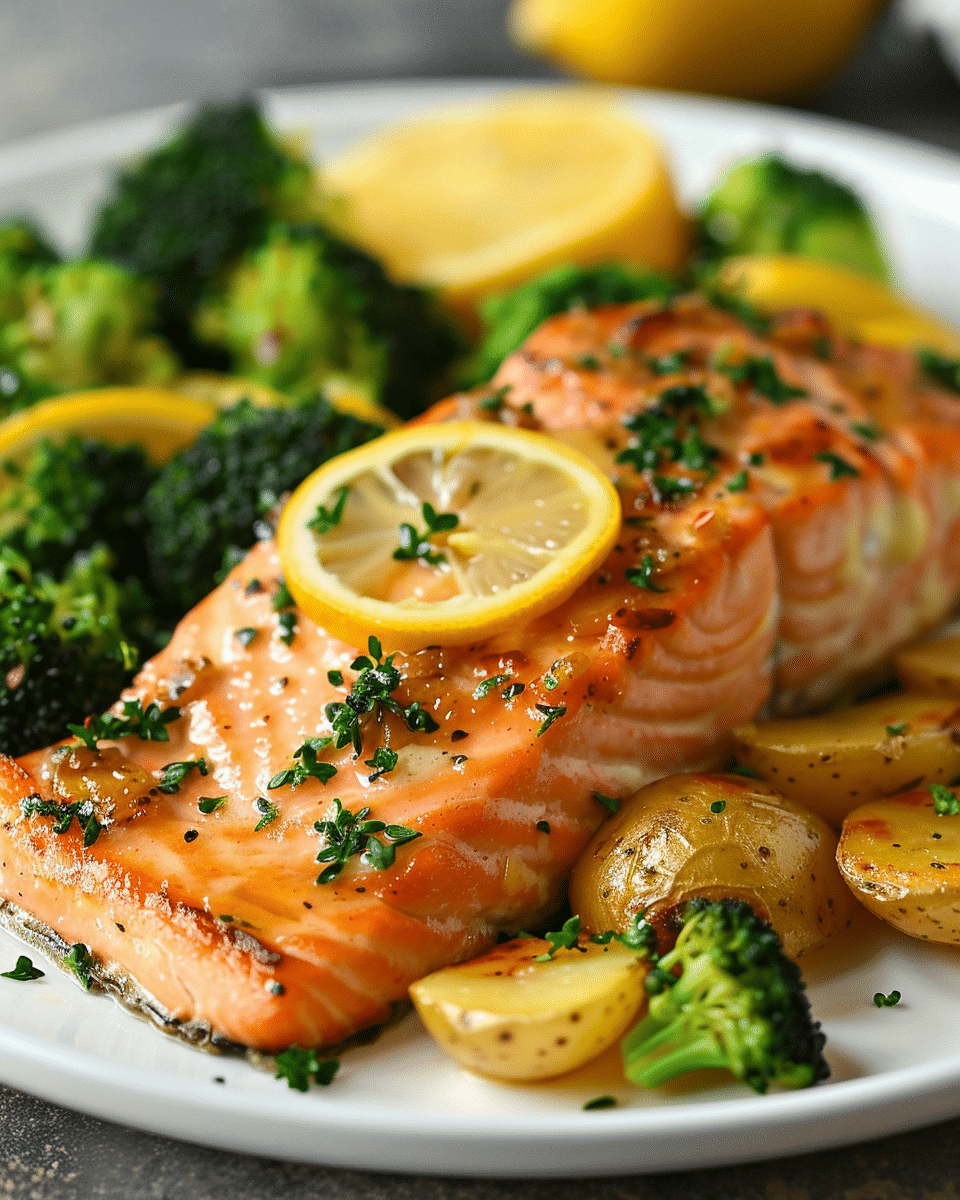 Lemon Butter Salmon with Crispy Potatoes and Broccoli