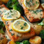 Lemon Butter Salmon with Crispy Potatoes and Broccoli
