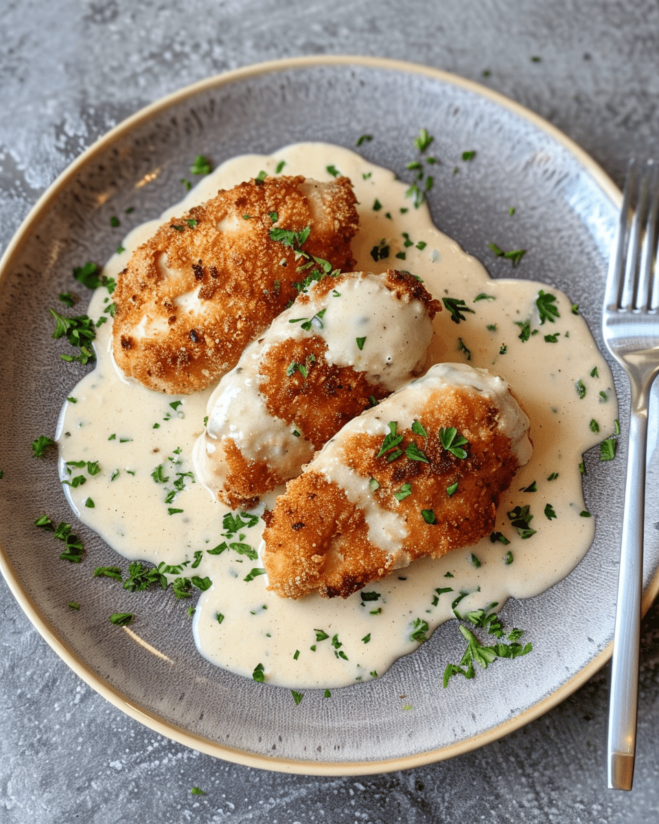 Parmesan Crusted Chicken In Garlic Cream Sauce