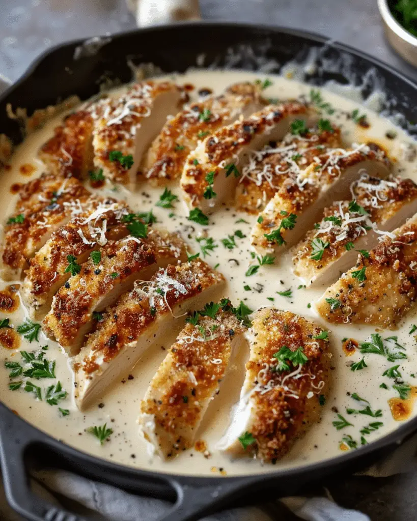Parmesan Crusted Chicken In Garlic Cream Sauce