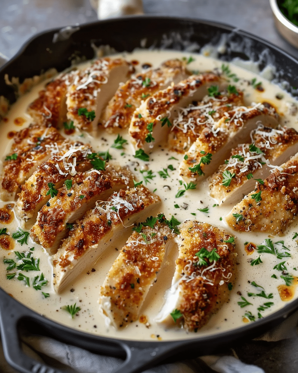 Parmesan Crusted Chicken In Garlic Cream Sauce