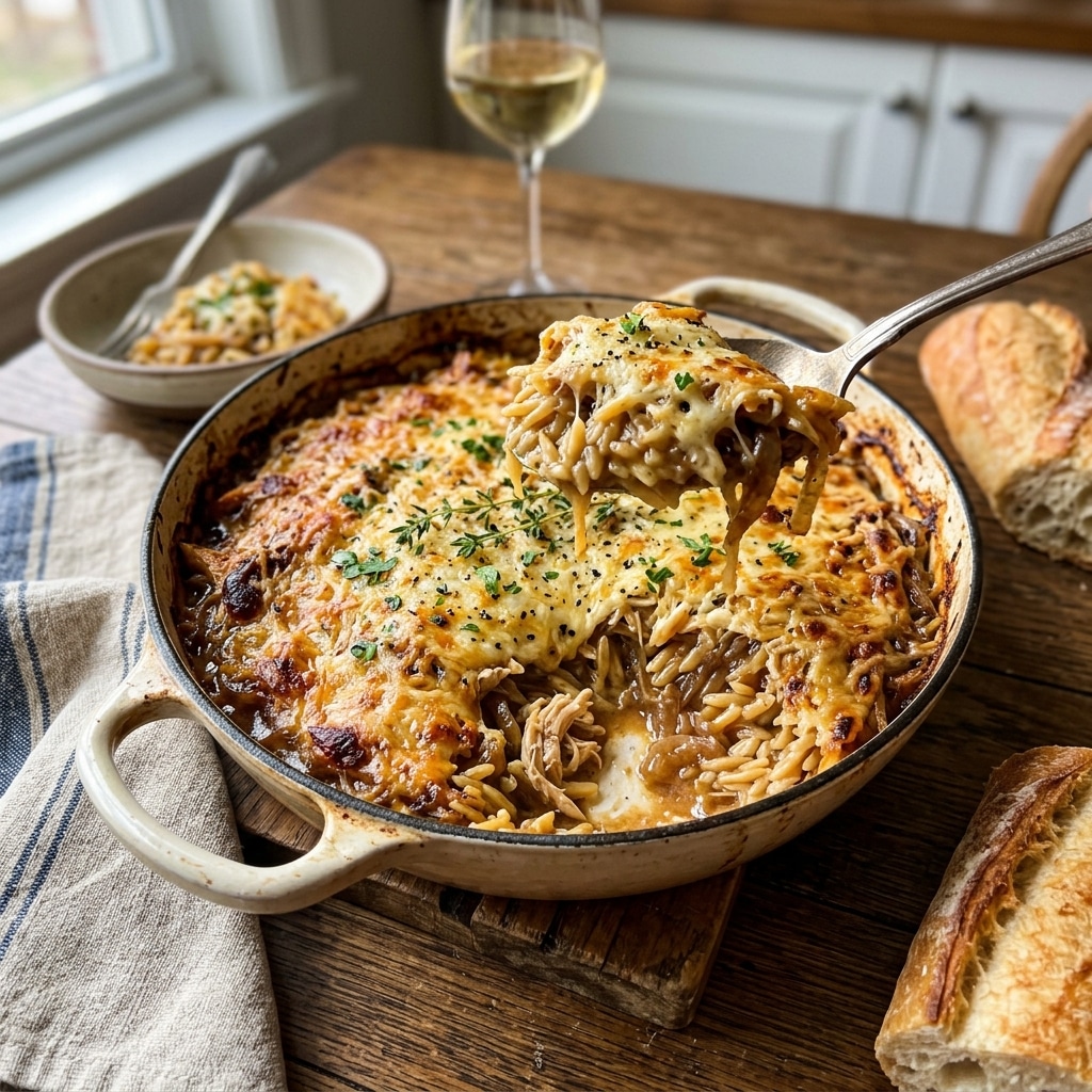 French Onion Chicken Orzo Casserole