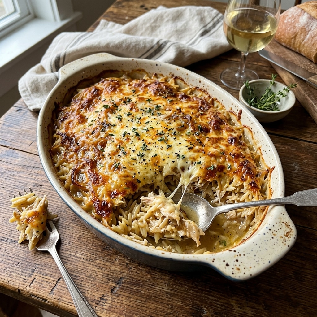 French Onion Chicken Orzo Casserole