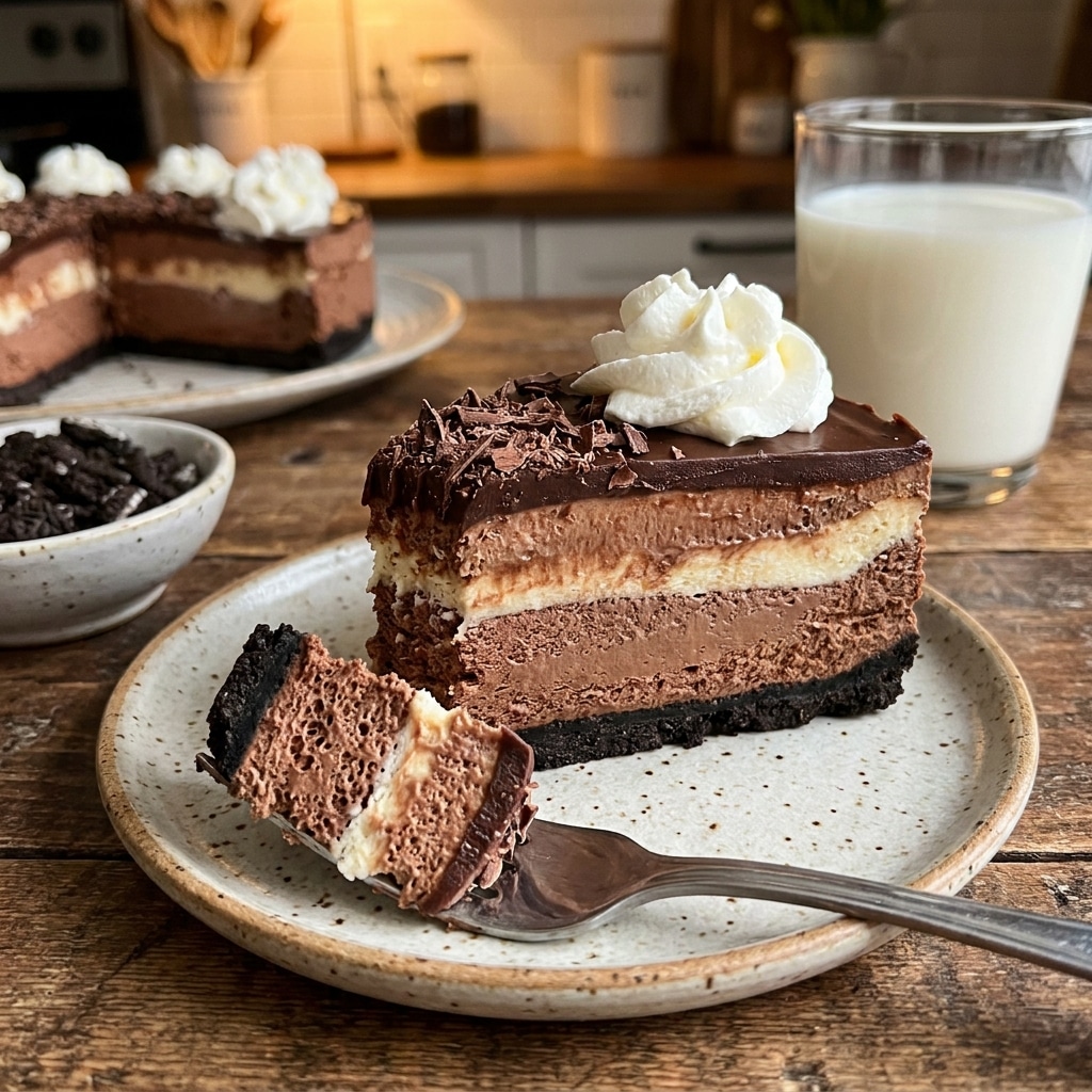 Layered Chocolate Cheesecake with Oreo Crust – No Bake