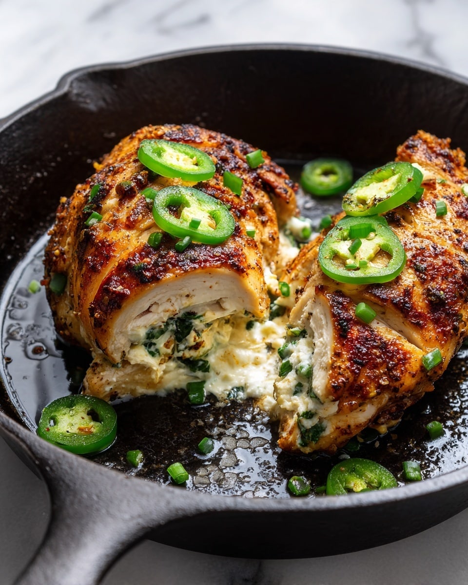 A white plate with two pieces of browned chicken on a white marbled surface, each piece topped with thin green jalapeño slices; one piece is cut open revealing a creamy white cheese filling mixed with small green pepper bits inside, while a silver fork presses down on one piece, holding a jalapeño slice. In the background, there is a small pile of leafy green salad with some red bits scattered through it. photo taken with an iphone --ar 4:5 --v 7