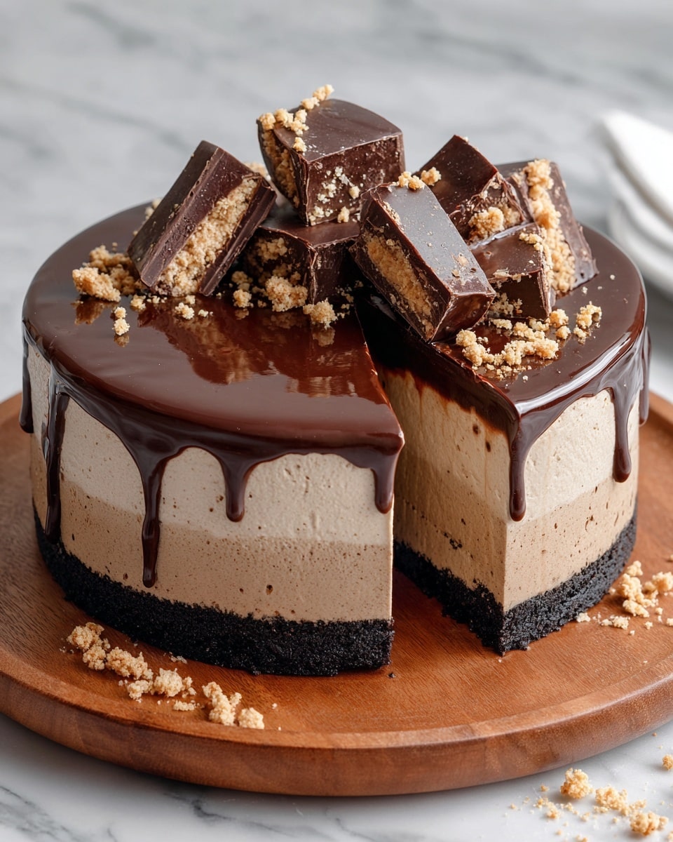 This image shows a round cake with three layers on a wooden cake stand, placed on a white marbled surface. The bottom layer is dark and crumbly like a cookie crust. Above it is a thick, creamy light brown layer. The top layer is a smooth, shiny dark chocolate glaze that drips slightly over the sides. On top of the glaze are many irregular pieces of chocolate with a textured, crumbly light brown topping, scattered all over. The photo taken with an iphone --ar 4:5 --v 7