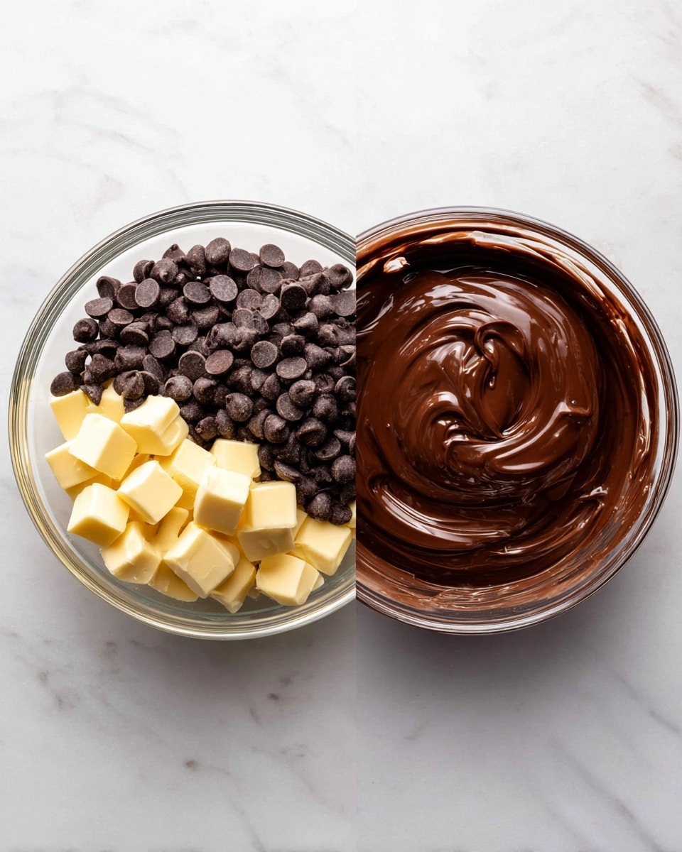 Two images side by side both showing a clear glass bowl on a white marbled surface. On the left, the bowl holds two layers: the bottom layer is dark brown chocolate chips, and the top layer is small cubes of pale yellow butter scattered unevenly over the chocolate chips. On the right, the same bowl contains a smooth, shiny dark brown melted chocolate mixture with slight swirls visible on the surface. Photo taken with an iphone --ar 4:5 --v 7