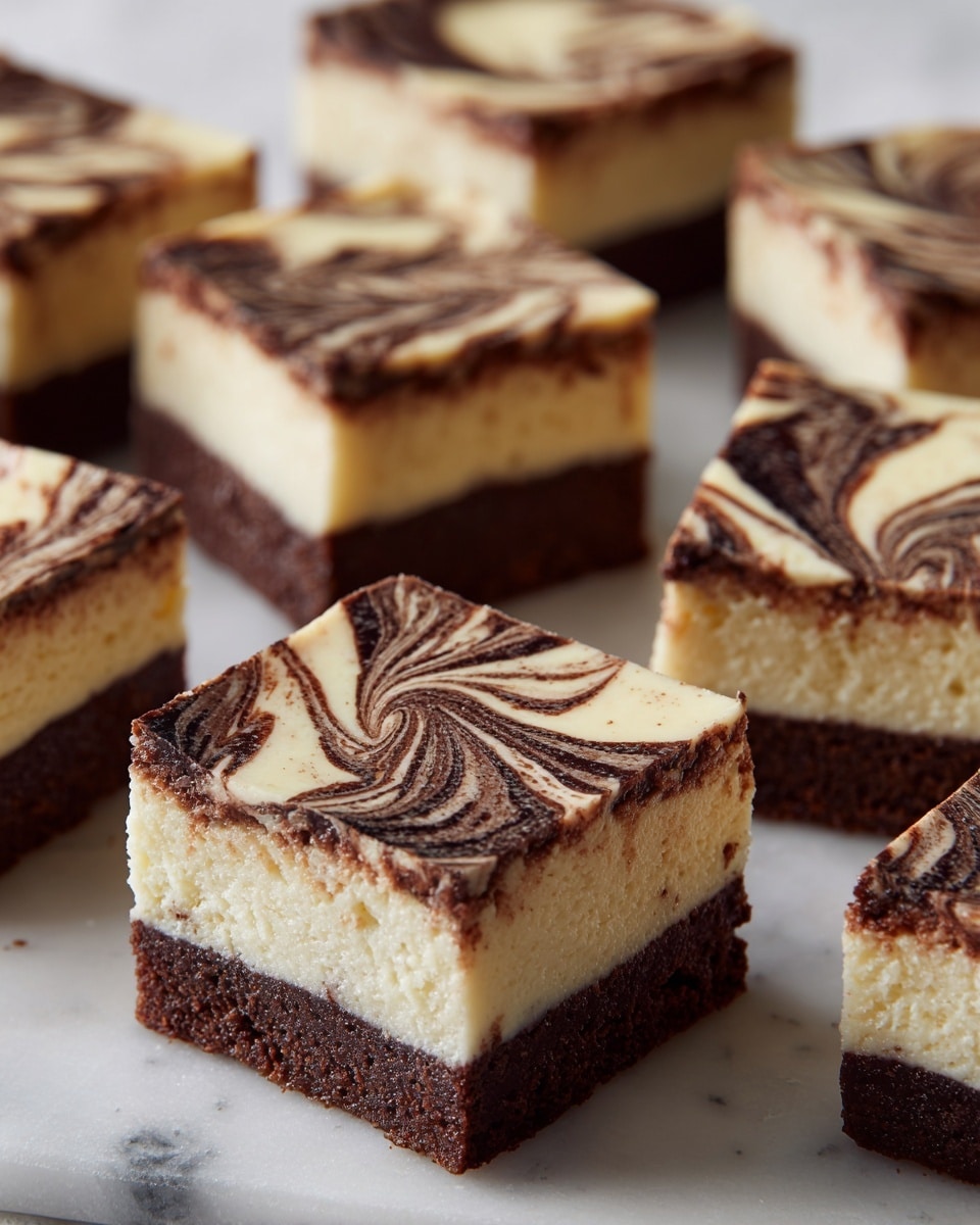 The image shows multiple square dessert pieces arranged in rows on a white marbled surface. Each piece has two distinct layers: a thick dark brown bottom layer with a dense and rich texture, and a thicker top layer that is light beige with a smooth, creamy texture. The top layer has swirling patterns of darker brown mixed throughout, creating an artistic marbled effect. The edges of each piece are clean and sharp, and the overall presentation highlights the contrast between the two layers. Photo taken with an iphone --ar 4:5 --v 7