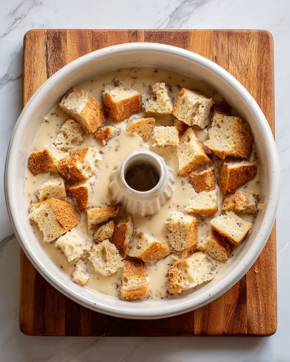 The image shows a white Bundt cake pan filled with a mixture of unevenly cut pieces of light brown and yellowish bread soaking in a creamy, light beige liquid. The bread pieces are arranged loosely inside the pan, with some pieces slightly overlapping each other around the central hollow tube of the pan. The creamy liquid gives a moist texture to the bread, and there are small darker specks scattered throughout the mixture. The pan is placed on a wooden board set on a white marbled textured surface. photo taken with an iphone --ar 4:5 --v 7