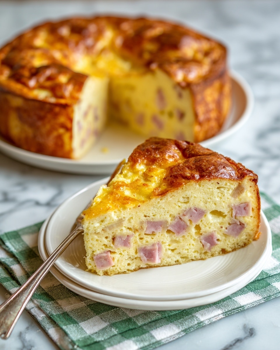 A round baked ring-shaped casserole in a white ceramic bundt dish, showing a thick golden brown top layer with browned spots. The surface is slightly puffy with visible small pink cubes of ham and brown bits of sausage mixed inside a light yellow cheese and egg mixture. The dish sits on a wooden board with a green and white checkered cloth in the background, all on a white marbled surface. photo taken with an iphone --ar 4:5 --v 7
