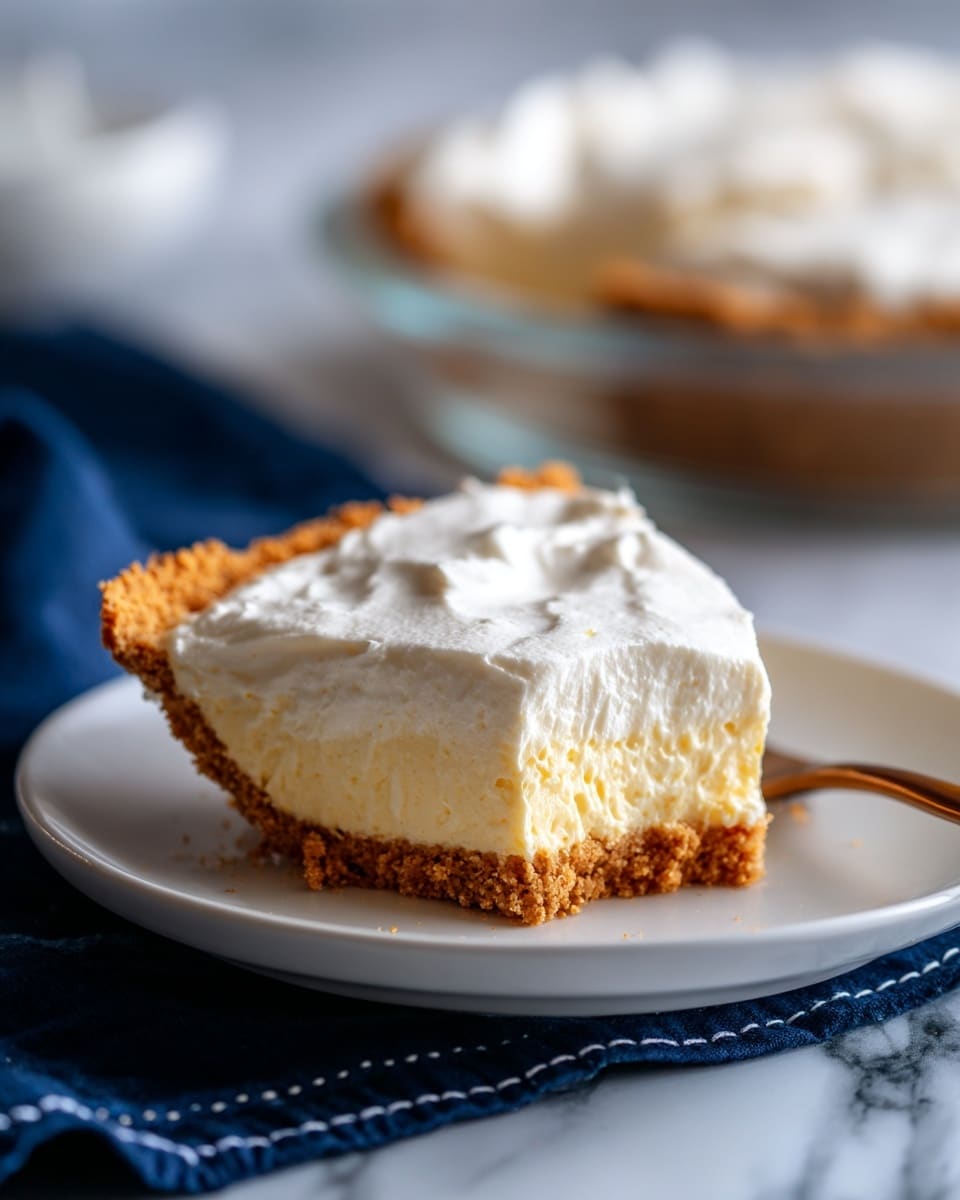 The image shows a round dessert in a clear glass dish with two layers. The bottom layer is crumbly and brown with small bits of nuts or grains visible, giving it a rough texture. The top layer is thick, smooth, and white, spread evenly across the surface with gentle swirls. A slice has been taken out, showing the clear division between the crumbly base and the creamy topping. The dish sits on a wooden table with a blue cloth blurred in the background. Photo taken with an iphone --ar 4:5 --v 7