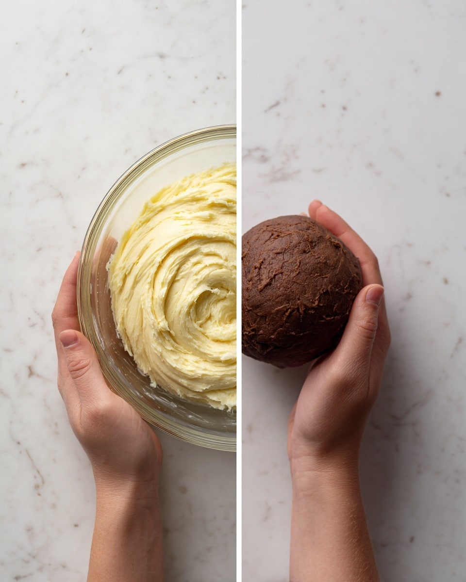 The image shows two parts side by side on a white marbled surface. On the left, there is a clear glass bowl filled with smooth, creamy light yellow dough with soft swirls. On the right, a woman's hands are holding a round, dark brown dough ball with a smooth texture, resting on the same white marbled surface. photo taken with an iphone --ar 4:5 --v 7