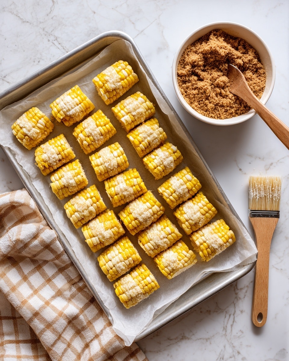The image shows a baking tray lined with white parchment paper set on a white marbled surface. On the tray, there are 14 pieces of yellow and white corn cobs, each cut into smaller sections and arranged in neat rows. At the top right corner, there is a white bowl filled with a brown crumbly mixture and a small wooden spoon resting inside. Below the tray, on the right side, there is a pastry brush with light bristles lying on the surface. A checkered kitchen towel in white and light brown colors is partially visible in the bottom left corner. The overall look is clean and bright with natural light highlighting the textures. photo taken with an iphone --ar 4:5 --v 7