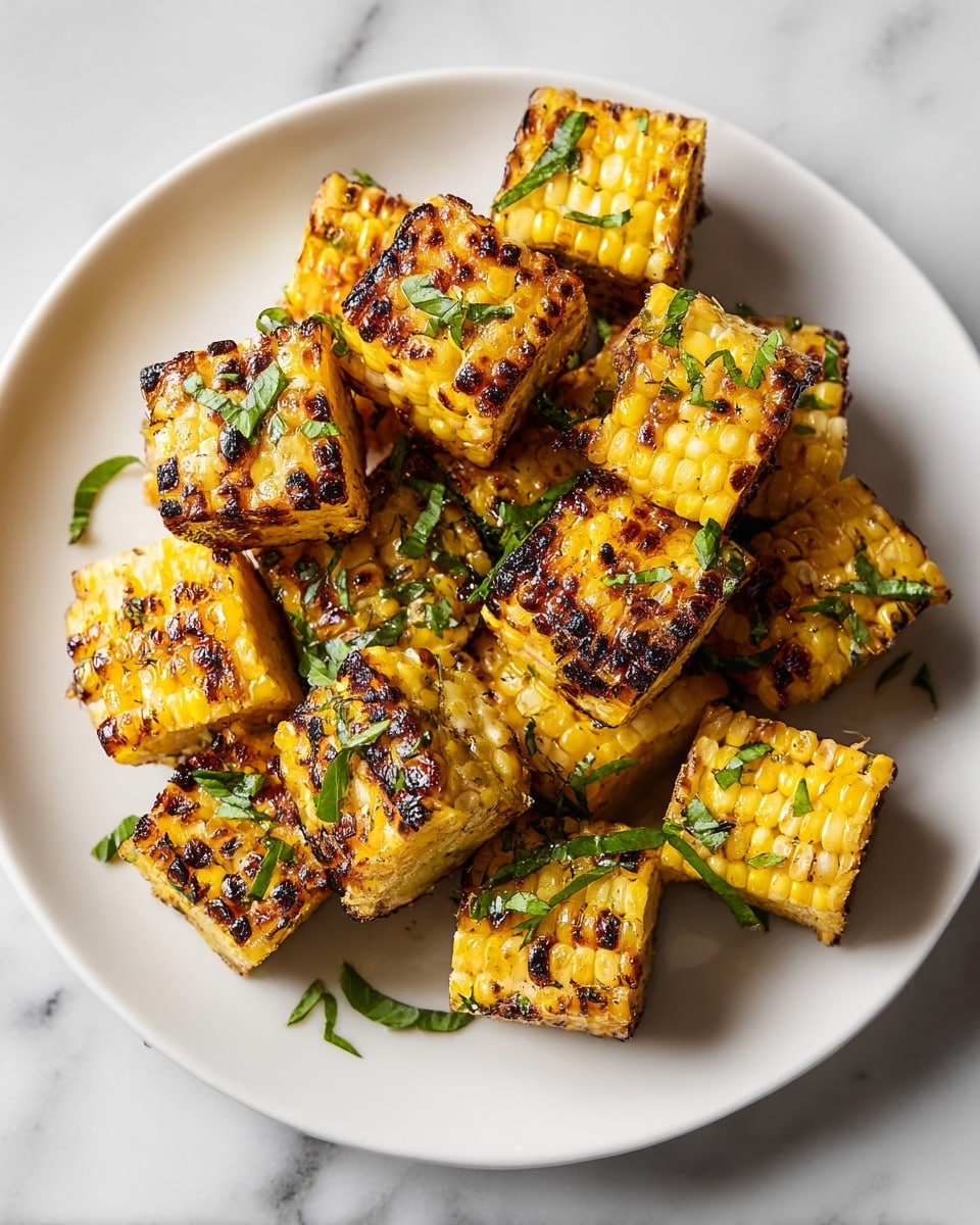 The image shows a white plate filled with several grilled corn pieces cut into smaller sections. Each piece has a golden yellow color with dark brown char marks giving a crispy texture. The corn is sprinkled with bright green chopped fresh herbs that add contrast. The plate sits on a white marbled surface, and the lighting highlights the juicy and slightly smoky look of the corn kernels. Photo taken with an iphone --ar 4:5 --v 7