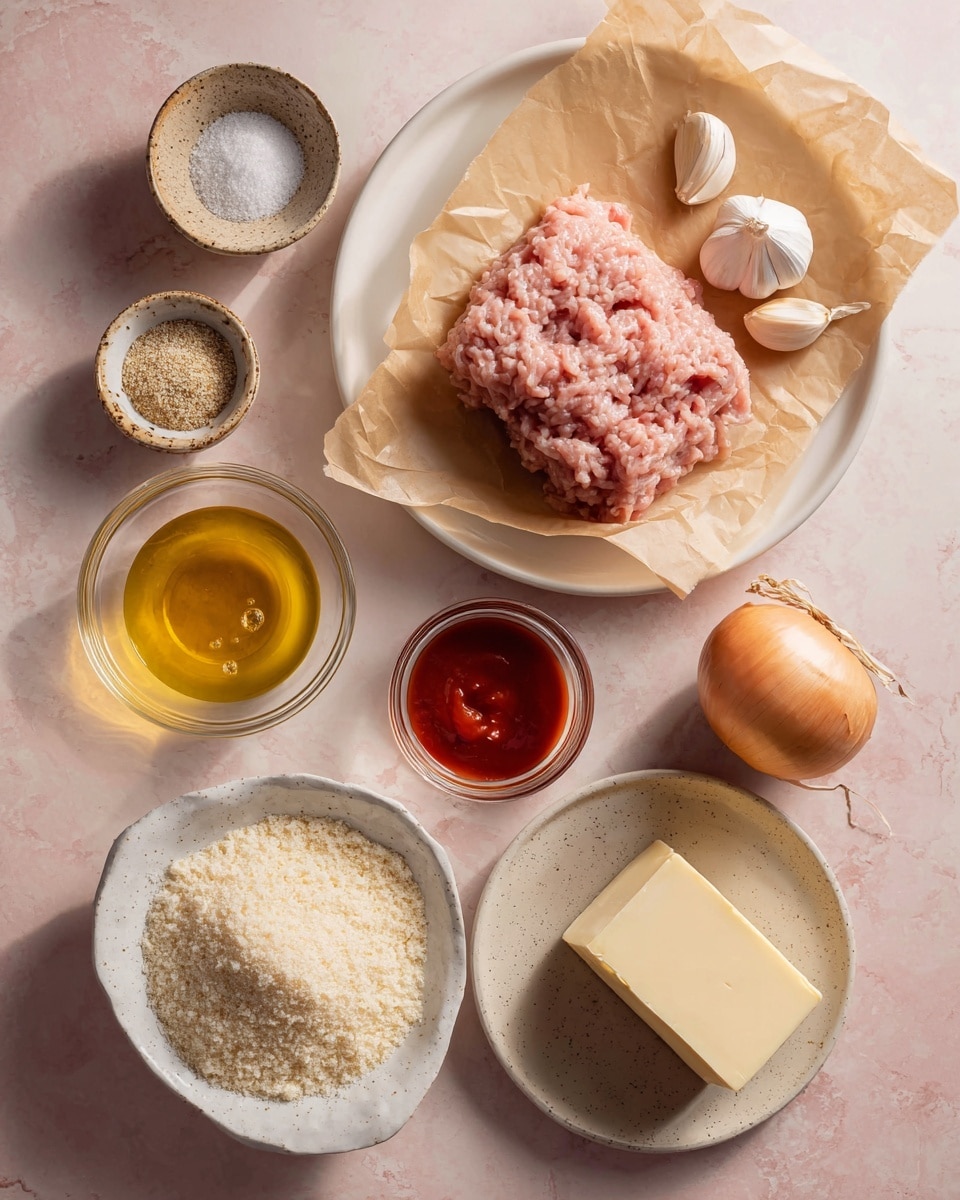 The image shows raw baking ingredients arranged on a white marbled surface, including two sticks of pale yellow butter in wrappers at the top left, four medium brown eggs near the top right, and a small clear bowl with dark amber liquid below the butter. There is a small white bowl filled with fine white granulated sugar to the right, below the eggs, and next to it a white bowl filled with smooth, thick white cream. A small black dish holds a heap of white powdery baking soda or baking powder. Below these, a white bowl contains a mixture of light and dark brown granulated sugar, with the darker part likely cinnamon, while a large clear bowl at the bottom holds a mound of white flour. The layout is neat and spaced evenly, with soft natural lighting highlighting textures and colors of the ingredients. Photo taken with an iphone --ar 4:5 --v 7