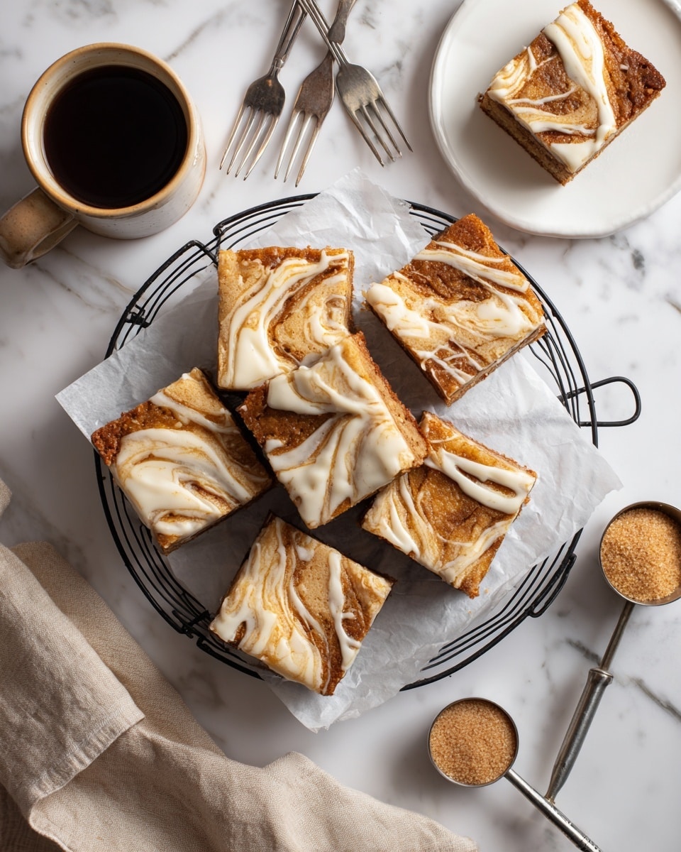 Square pieces of light brown cake with a darker swirl pattern on top are laid out in two layers on a round black wire rack over white parchment paper. Each piece has irregular drizzles of creamy white frosting scattered across the top. To the top right, there is a white plate with one square of the cake and a silver fork resting beside it. Near the plate, a smooth, cream-colored cup filled with dark coffee sits on a white marbled surface. In the lower right corner, there is a black measuring spoon filled with light brown sugar. Two silver forks rest on a white plate in the upper left corner, and a beige cloth napkin is placed on the marble surface in the bottom right part of the image. photo taken with an iphone --ar 4:5 --v 7