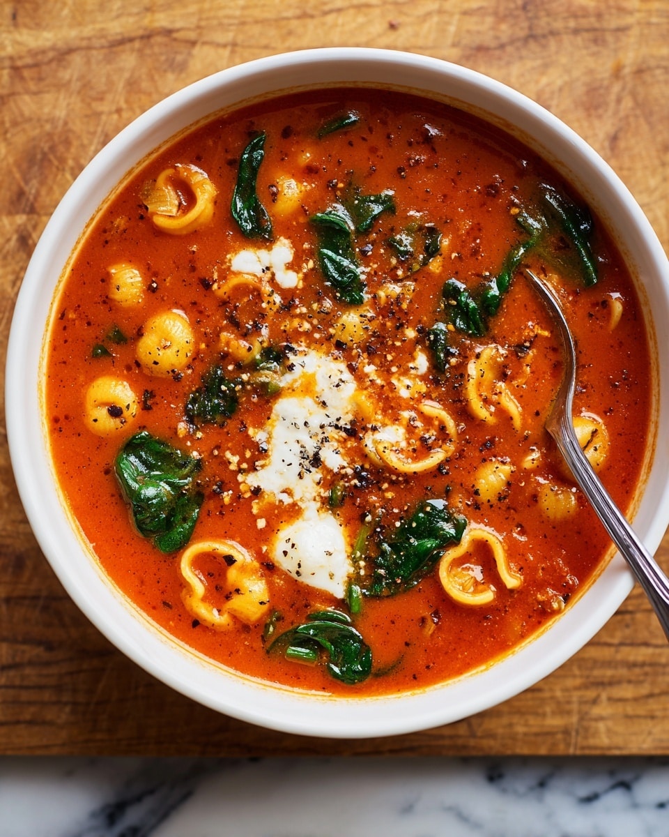 A close-up view of a thick pasta soup in a pot with a green handle, showing two main layers: the bright orange-red tomato broth filled with small diced vegetables, and wavy-edged pasta pieces in light yellow scattered throughout; fresh green spinach leaves add bright green spots around the soup, while a sprinkling of finely grated light beige cheese tops the dish, and a white spoon rests partially dipping into the soup near the upper right. The pot is placed on a white marbled surface. photo taken with an iphone --ar 4:5 --v 7