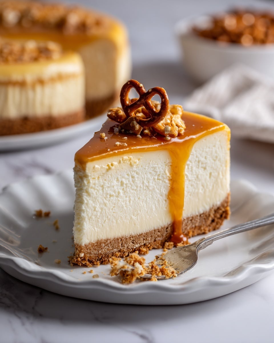 A slice of cheesecake with three clear layers sits on a white plate with a wavy edge, placed on a white marbled surface. The bottom layer is a crumbly, light brown crust. The middle layer is a thick, creamy light beige cheesecake, smooth but slightly textured. The top layer is a shiny, golden caramel sauce that drips slightly down one side. On top of the caramel, a small pretzel adds texture and color contrast. Some crumbs and broken pretzel pieces are scattered on the plate. A small fork with a bite of cake on it lies on the plate, near the slice. In the background, the rest of the cheesecake and a white bowl with more pretzels can be seen out of focus. Photo taken with an iphone --ar 4:5 --v 7