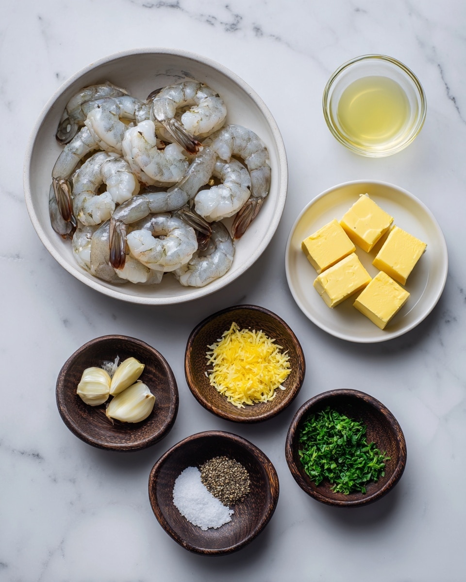 The image shows ingredients for a shrimp dish arranged on a white marbled surface. At the top is a white bowl filled with raw shrimp, pale gray with a slight translucence, and dark tails. Below that, there is a small white bowl with four yellow butter squares. Next to it is a clear glass holding light yellow lemon juice. Below these, two small dark brown wooden bowls hold minced garlic (off-white and small pieces) and bright yellow lemon zest. At the bottom, three more similar dark wooden bowls hold white salt crystals, black ground pepper, and chopped green parsley. Each ingredient is labeled with black text near its container. Photo taken with an iphone --ar 4:5 --v 7