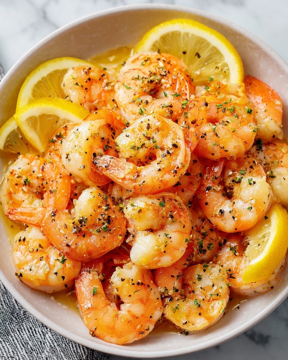 The image shows cooked shrimp arranged close together in a bowl with a light, shiny coating from seasoning or oil. The shrimp have a soft orange and white color with black pepper and small green herb flakes sprinkled on top. Bright yellow lemon wedges are placed around the shrimp, adding a fresh and colorful touch. The bowl rests on a white marbled surface. photo taken with an iphone --ar 4:5 --v 7