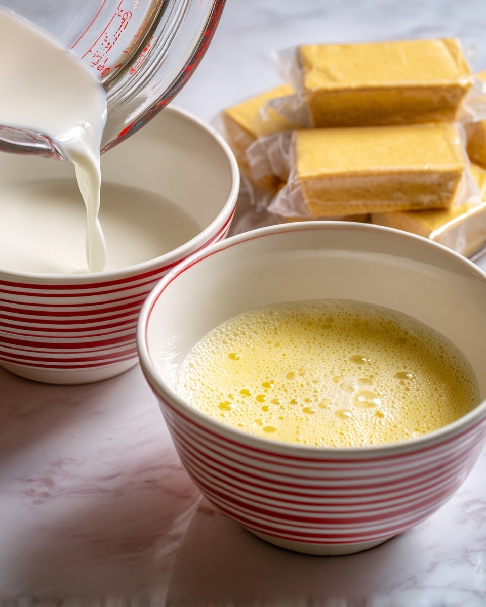 The image shows two white bowls with red stripes on a white marbled surface. The left part of the image captures a close-up of a clear measuring cup pouring a white liquid into the bowl, filling the bottom layer with smooth, creamy texture. The right part shows the same bowl filled with a yellow mixture that has a frothy, bubbly surface. In the background of the right bowl, several wrapped, square-shaped golden brown blocks are visible. The lighting highlights the smooth texture and vibrant colors of the contents. Photo taken with an iphone --ar 4:5 --v 7