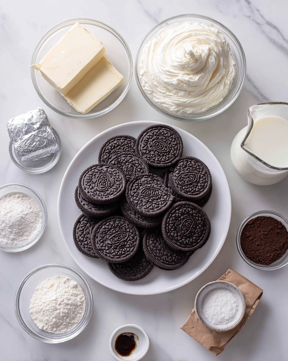The image shows several baking ingredients arranged neatly on a white marbled surface. There is a white plate in the center filled with a circle of dark Oreo cookies, showing their detailed patterned tops. Surrounding the plate, there are small glass bowls and containers holding creamy white butter, smooth cream cheese in silver foil wrapping, fluffy white Cool Whip in a white bowl, fine powdered sugar, a small amount of dark brown vanilla extract, dry instant chocolate pudding powder in a small brown paper bag, and a glass measuring cup filled with fresh white milk. The scene is bright with clear, soft lighting; everything is clean and organized in a simple, neat style, photo taken with an iphone --ar 4:5 --v 7