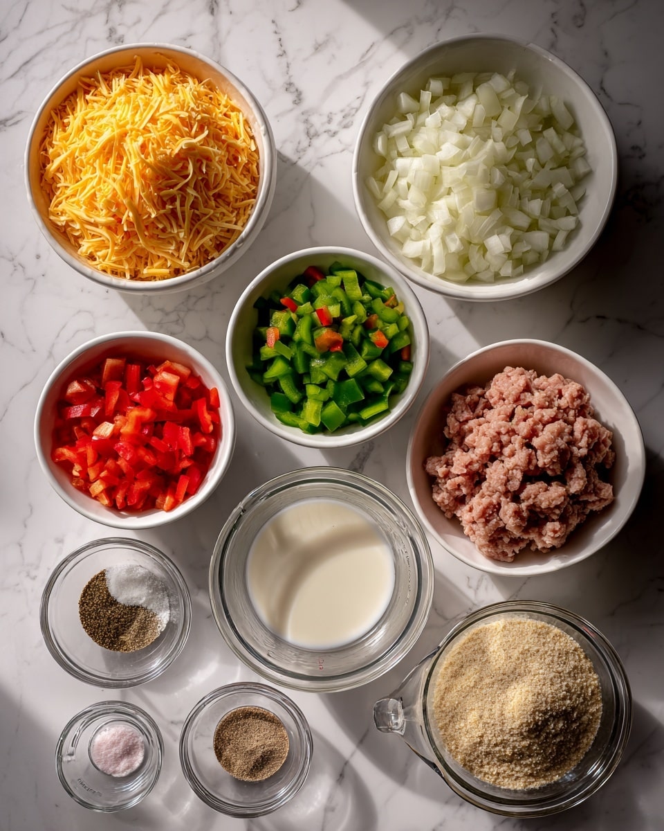 The image shows seven different white bowls and two glass measuring cups placed on a white marbled surface in two rows. In the top row, from left to right, there is a bowl filled with shredded orange cheddar cheese, a bowl with chopped white onions, and a bowl with chopped red and green bell peppers. In the middle row, the left bowl contains raw ground meat, and the right bowl is filled with light tan breadcrumbs. In the bottom row, far left is a glass measuring cup with water, a bowl holding four spices—black pepper, pink salt, garlic powder, and onion powder—and a glass measuring cup with milk. The light is natural, coming from the top left, highlighting the textures and colors clearly. Photo taken with an iphone --ar 4:5 --v 7
