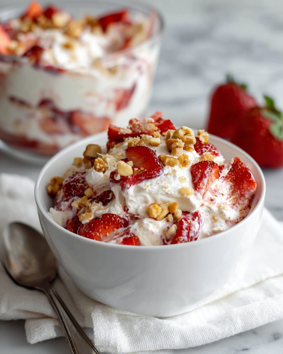 A white bowl is filled with a creamy mixture that has three main layers visible: fluffy white whipped cream as the base, bright red sliced strawberries scattered through it, and golden brown candied nuts placed on top and mixed inside. The texture looks soft and light with rough bits from the nuts and juicy smooth pieces from the strawberries. The bowl is placed on a white cloth next to a metal spoon, and a larger glass bowl with the same dessert is partially shown in the background on a white marbled surface. The photo taken with an iphone --ar 4:5 --v 7
