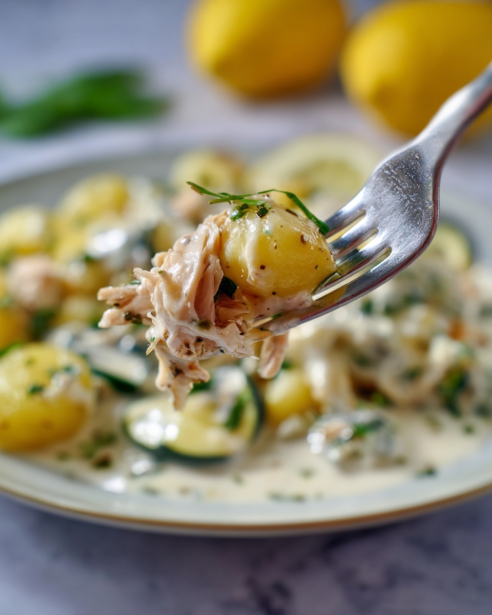 A close-up of a silver fork holding a piece of shredded light brown chicken and a small piece of yellow gnocchi covered in creamy white sauce with small green herb bits, blurred background shows more food and a yellow lemon slice, all on a white marbled surface, photo taken with an iphone --ar 4:5 --v 7