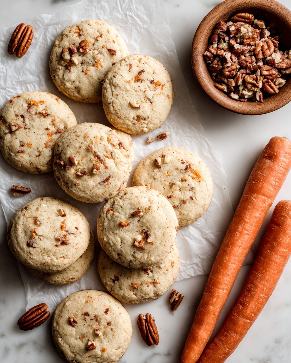 Brown Butter Carrot Cake Cookies Recipe 5 A pile of about twelve round, soft-looking cookies with a light golden-brown color and small orange specks inside are spread out on white parchment paper over a white marbled surface. The cookies have bits of chopped pecans visible within and some whole pecan halves on top. On the right side, there are two fresh whole carrots placed parallel to each other, their bright orange skin contrasting with the cookies. Above the cookies to the top right, there is a small wooden bowl holding additional chopped pecans. The arrangement shows a casual, rustic style with warm tones. Photo taken with an iphone --ar 4:5 --v 7