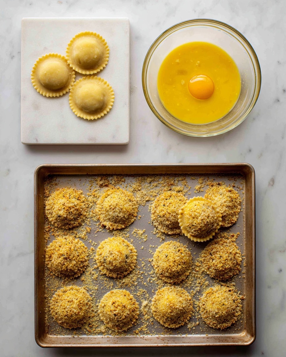 Crispy Baked Parmesan Ravioli Recipe 4 The image shows a step-by-step process of preparing breaded ravioli. At the top left, two plain ravioli pieces sit on a white marbled surface next to a clear bowl filled with yellow beaten eggs. To the right, one ravioli piece is dipped and held in a bowl full of golden-brown seasoned breadcrumbs, showing a full coating on the ravioli. The bottom part of the image features multiple ravioli pieces evenly spaced on a baking tray, all fully coated in the seasoned breadcrumb mixture, giving a rough and textured golden covering. photo taken with an iphone --ar 4:5 --v 7