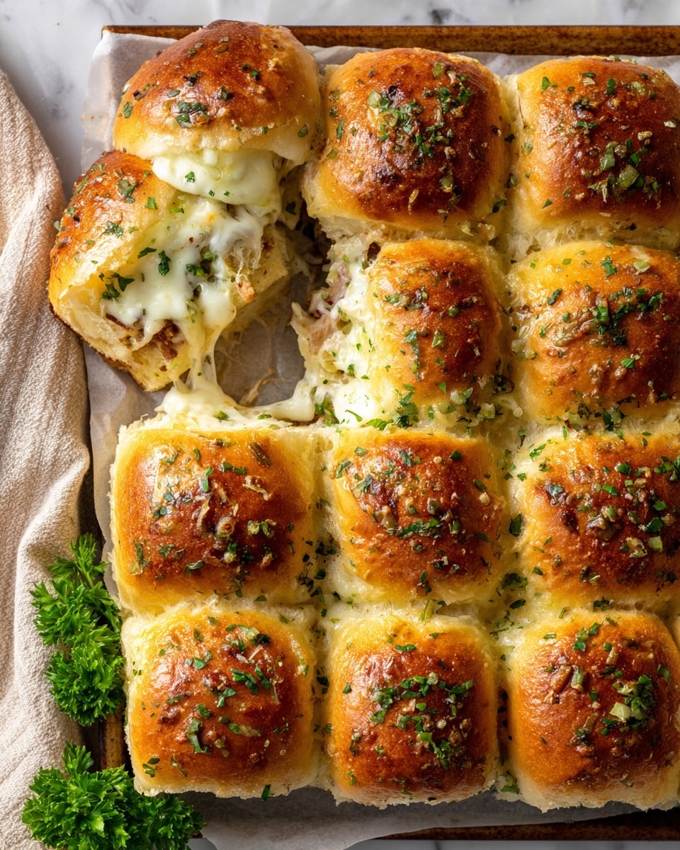 The image shows a tray of ten golden-brown baked sliders arranged closely in a 2 by 5 grid on parchment paper over a baking sheet. Each slider has a shiny, slightly cracked top sprinkled with green herbs, giving a fresh look. One slider near the top left corner is slightly pulled apart, showing a layer of melted white cheese and cooked meat inside, along with some light-colored sauce that is gooey and stringy. The sliders rest on a white marbled surface with some green parsley decoration at the bottom left corner and a beige cloth partially visible on the left. photo taken with an iphone --ar 4:5 --v 7