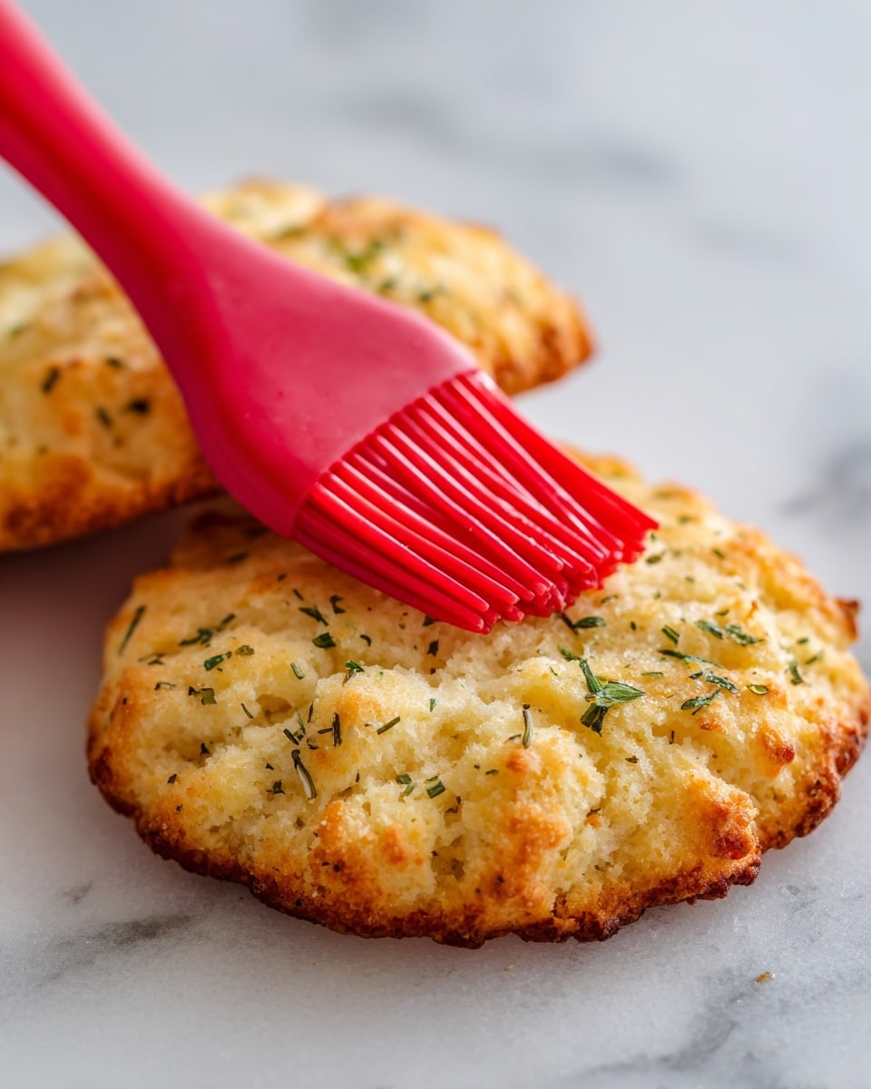 The image shows two golden brown round biscuits with a crispy texture and small green herb pieces sprinkled on top. A bright red silicone brush is gently applying melted butter with herbs onto the front biscuit, which has a slightly uneven, rustic surface and a soft crumbly inside visible at the edge. The biscuits rest on a white marbled surface that adds a clean background. photo taken with an iphone --ar 4:5 --v 7