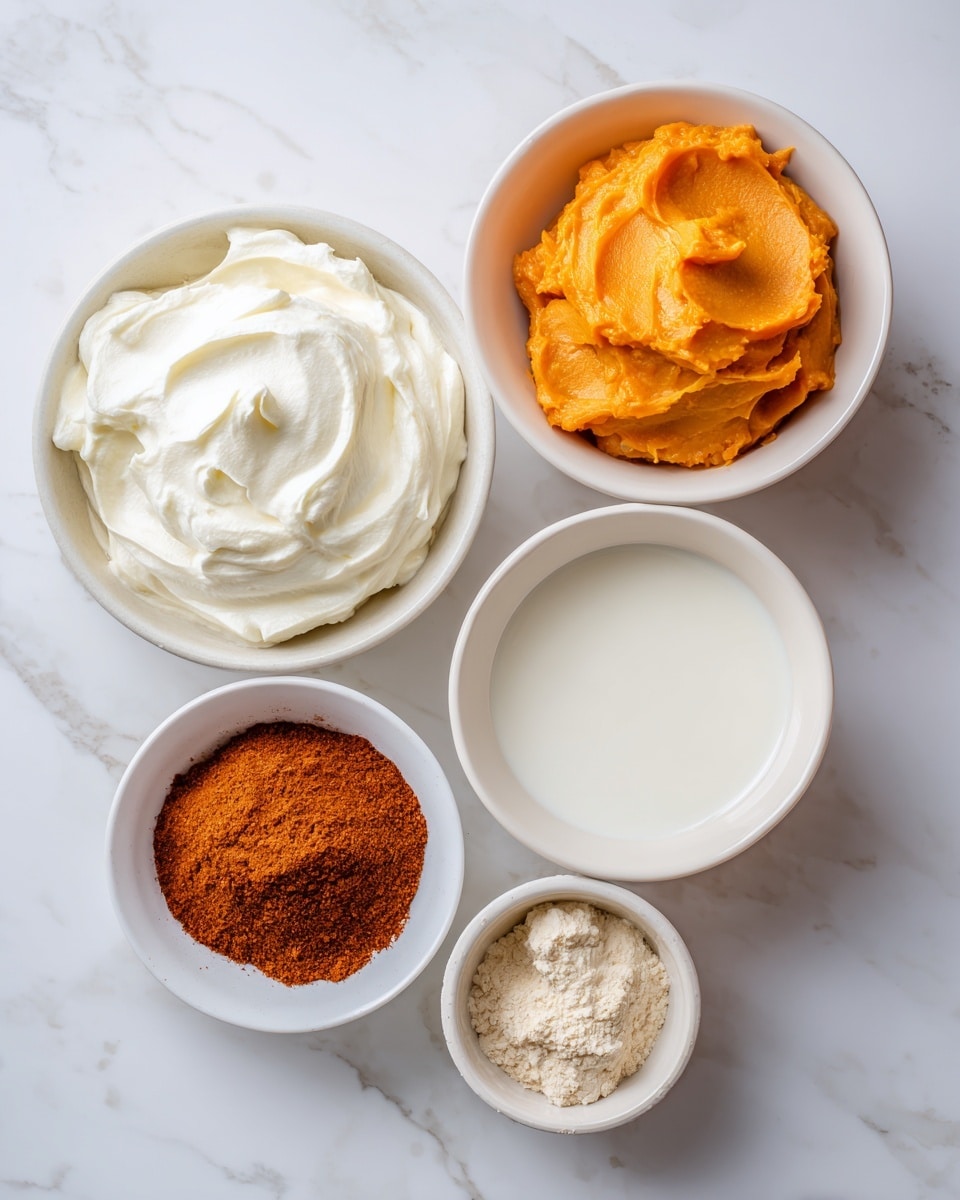 The image shows five white bowls and a small beige packet arranged on a white marbled surface. The top left bowl contains smooth, white whipped topping with a soft texture. To its right, a bowl holds bright orange pumpkin puree with a slightly rough, thick texture. Below these, a bowl filled with white milk is slightly reflective. Next to the milk bowl, there is a small white bowl filled with finely ground, reddish-brown pumpkin spice powder. Finally, at the bottom right, there is a beige packet labeled as instant vanilla pudding mix, with a slight crinkle texture. All items are spaced evenly and labeled clearly. photo taken with an iphone --ar 4:5 --v 7